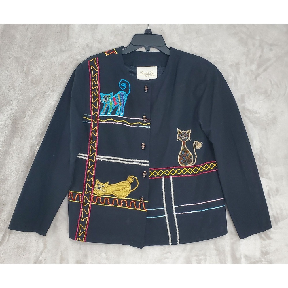 Vtg Daniel K New York Cat Blazer Jacket Womens S Black Embroidered Cat Lady EUC